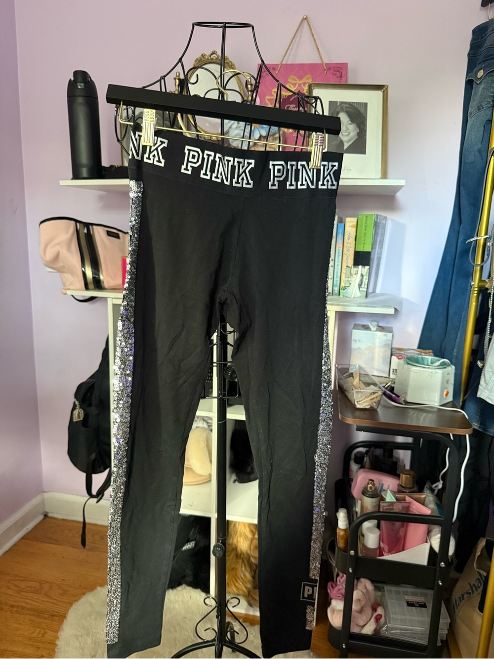 PINK Victoria's Secret Black Leggings with Silver Sequin Side Stripes - Picture 2 of 10